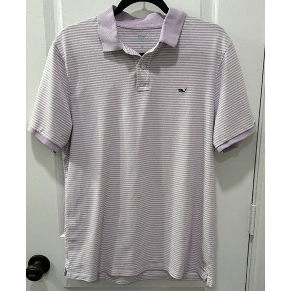 Vineyard Vines Mens M Lavender White Striped Polo Shirt Whale Logo Cotton